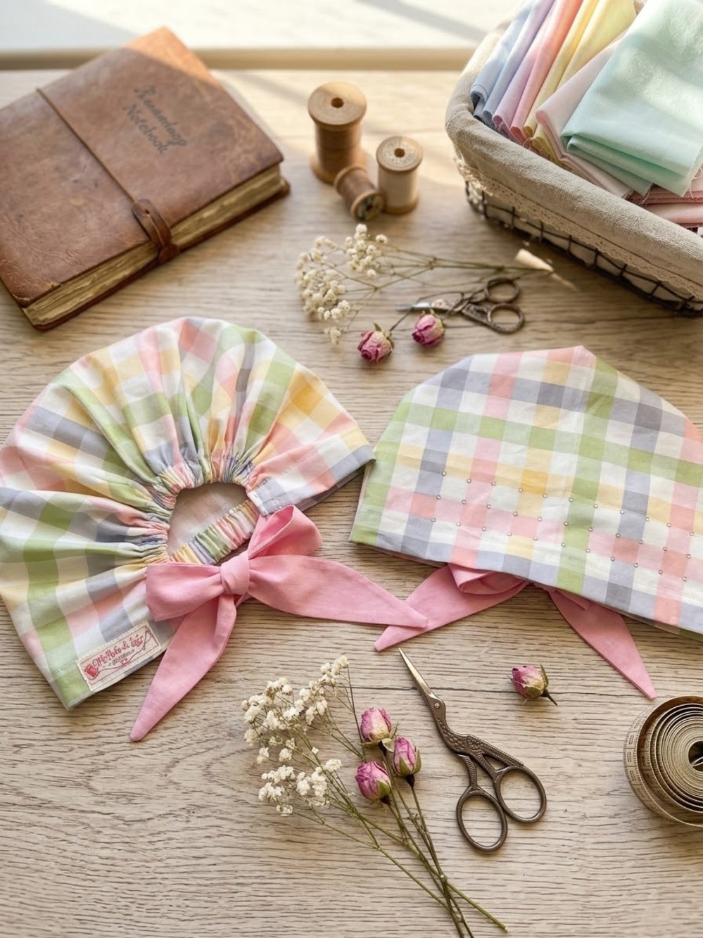 Pastel Gingham Tie-Back Bonnet in Pink Accents
